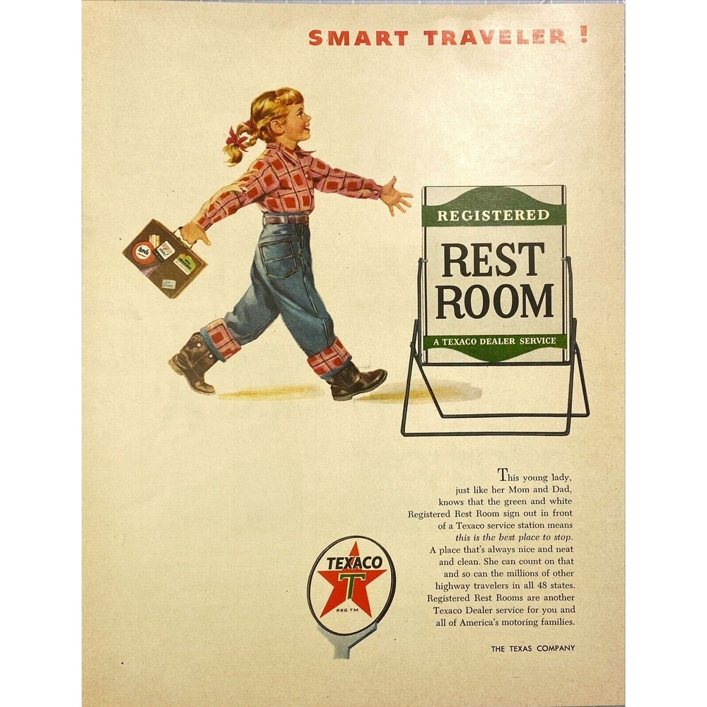 Texaco Smart Traveler! Iconic Little Girl headed to Restroom VTG Print Ad 1954